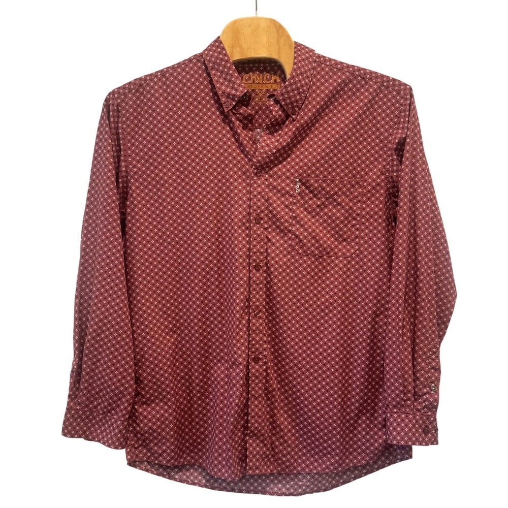 Cinch Button Down Shirt Mens XXL Burgundy Geometric Modern Fit Cotton Western